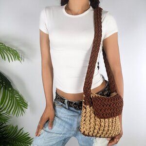 Vintage Y2K Brown Crochet Cottagecore Bohemian Casual Crossbody Bag Knit Purse
